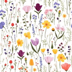 Flat lay. Summer flowers on white background. Seamless Pattern.