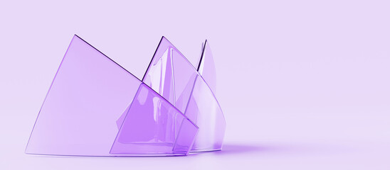 Glass triangle plates, curved panels with holographic gradient texture 3d render. Abstract geometric background with crystal transparent clear frame, wall of plastic or acrylic shapes. 3D illustration