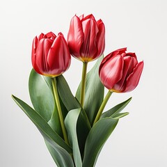 Fototapeta premium Red Tulips With Green Leaves ,Hd, On White Background