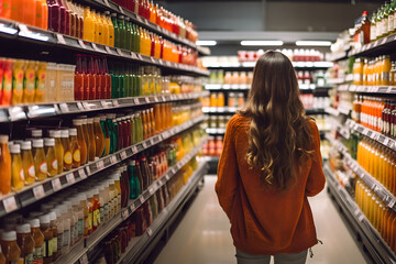 A customer in a supermarket or grocery store looks at the counter.