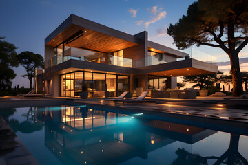 Obraz premium Modern house with a swimming pool, modern pool villa at the beach, luxury villa.