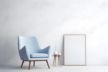 a blue armchair against a white wall with a frame next to it and a dry plant.