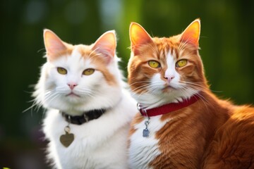 Obraz premium two similar looking cats with distinct collar colors sitting together