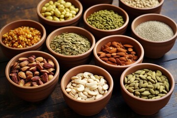 a selection of mixed nuts and seeds in ceramic bowls