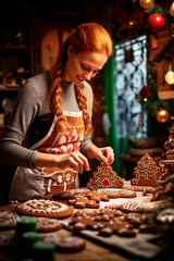 Obraz premium Woman making a Christmas wreath cookies. Generative AI,