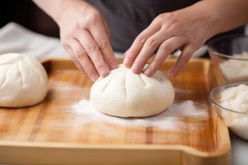 Obraz na płótnie Canvas hand placing the filling in an uncooked bao bun
