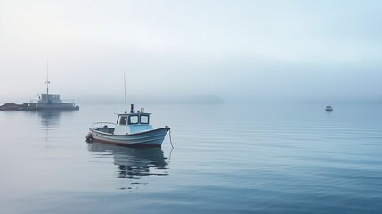 A boat navigating through a fog-shrouded harbor
