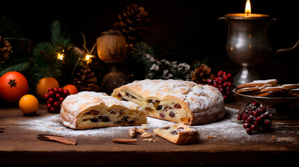 Fototapeta premium Christmas cake stollen on the table. Generative AI,