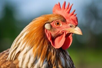 Close-up view of rooster with orange feathers. Soft focus.
