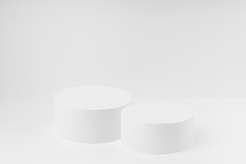 Abstract white stage with two round podiums mockup. Template for presentation cosmetic products, goods, advertising, design, sale, text, display, showing in cold winter style.