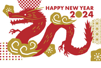 2024 辰年の和風モダンでかわいい手描きの干支年賀状デザイン