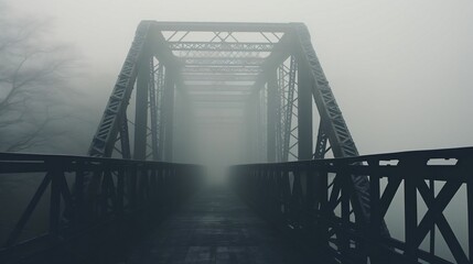 A bridge disappearing into the thick, enveloping fog
