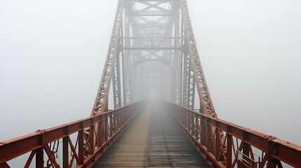 A bridge disappearing into the thick, enveloping fog

