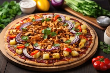 bbq jackfruit pizza with an assortment of vegetables