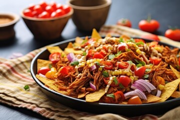 vegan bbq jackfruit nachos with a sprinkle of corn