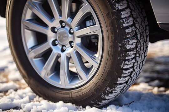 View of car tires in winter on the road covered by snow