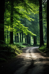 Empty road in the forest,Summer landscape view with a row of tree on the both side of the road in Dutch.