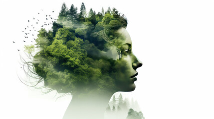 Beautiful woman side portrait combined with nature scenery, creative art of beauty and tranquility, abstract girl profile in green woods.