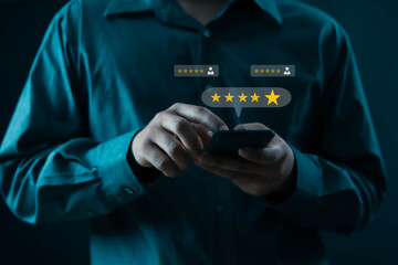 human hand showing 5-star performance that has quality and press level excellent rank for giving the best score point to review the service, business concept Customer Service Experience, and Business - obrazy, fototapety, plakaty