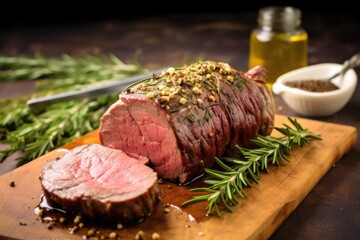 beef roast on a marble slab with garlic and rosemary