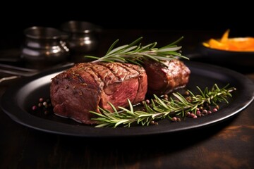beef roast on a dark rustic plate with garlic cloves and rosemary sprigs