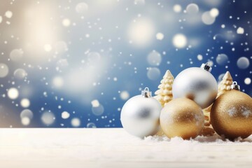 Naklejka na ściany i meble Christmas Background with snowy and Christmas baubles balls on wooden with blurred bokeh lights. Happy Christmas and New Year background with copy space.. 