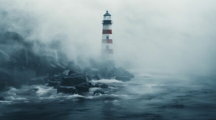 A lonely lighthouse obscured by the dense sea mist
