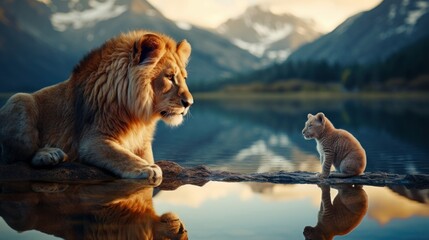 Lion and cub looking at his reflection in the water, against the background of mountains.