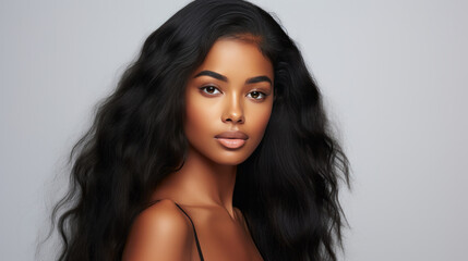 Portrait of young african woman with long straight hair. Hair care, make-up and hair health