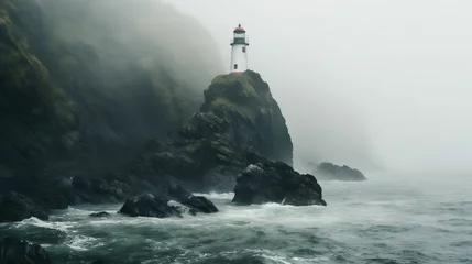 Foto op Aluminium A lonely lighthouse obscured by the dense sea mist  © Abdul