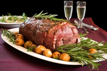 beef roast on a platter, framed by fresh rosemary sprigs