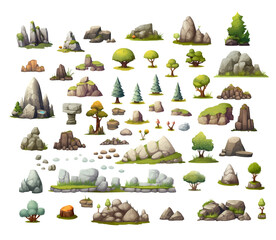 2d game assets low poly style, vector illustration of gaming background elements - obrazy, fototapety, plakaty