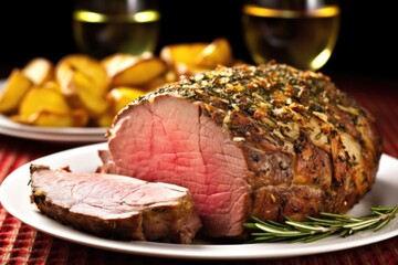 close-up of beef roast encrusted with garlic and rosemary