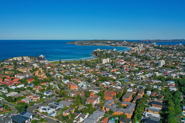 Fototapeta na wymiar Panoramic drone aerial view over Freshwater, Queenscliff and Manly in the Northern Beaches, Sydney