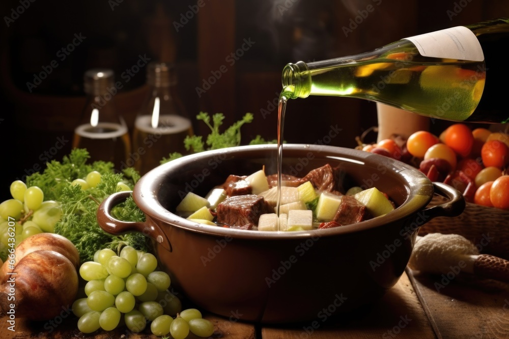 Sticker pouring wine into a pot of beef stew