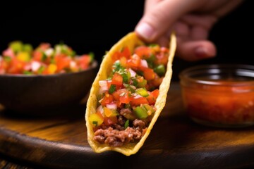 hand holding beef taco with salsa dripping
