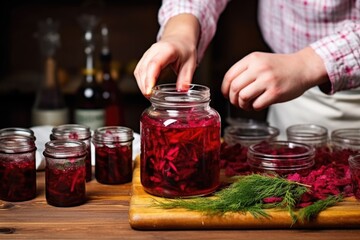 hand placing a slice of beetroot into a jar for kvass brewing - obrazy, fototapety, plakaty