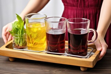 hand carrying a tray with a pitcher and glasses of beet kvass - obrazy, fototapety, plakaty