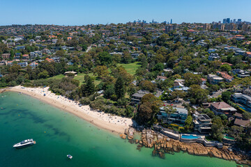 Fototapeta premium Panoramic drone aerial view over Cobblers Bay and Chinamans Beach in Mosman, Northern Beaches Sydney