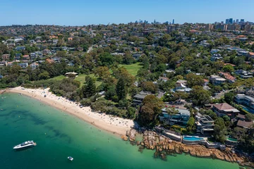 Fototapeten Panoramic drone aerial view over Cobblers Bay and Chinamans Beach in Mosman, Northern Beaches Sydney © PicMedia