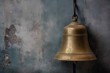 brass ships bell against grey metal wall