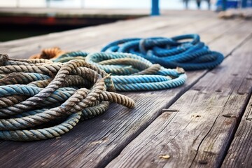 weathered boat ropes coiled on dock planks - obrazy, fototapety, plakaty