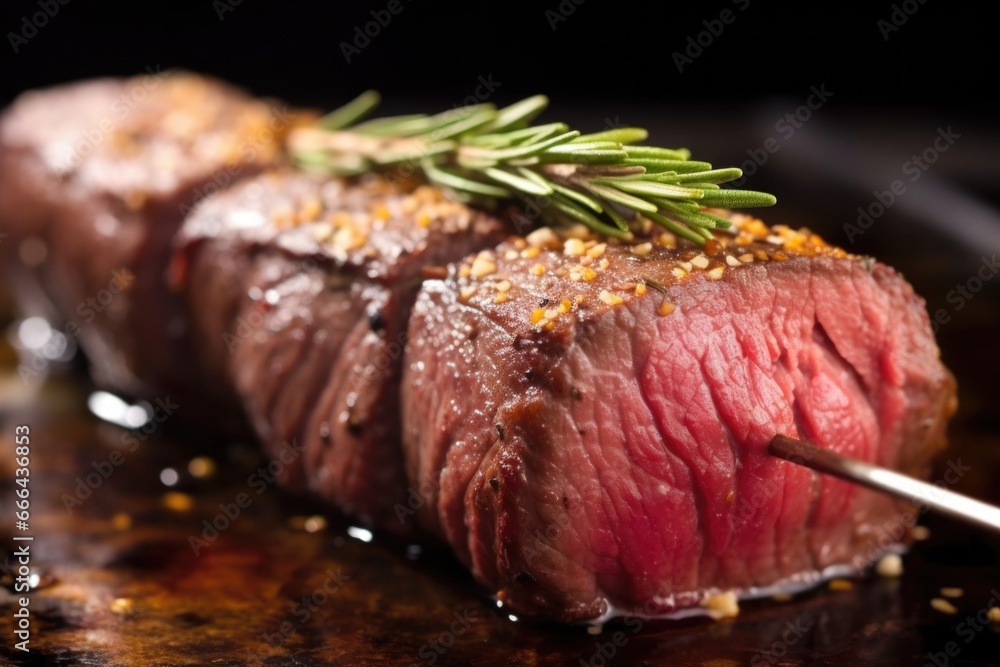 Sticker a close-up of seasoned picanha top sirloin on a skewer