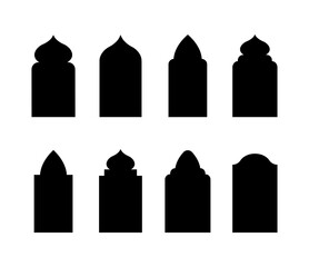Islamic windows in oriental style. Set of black arabic arches and doors. Silhouette of mosque. Minimalistic vector illustration.