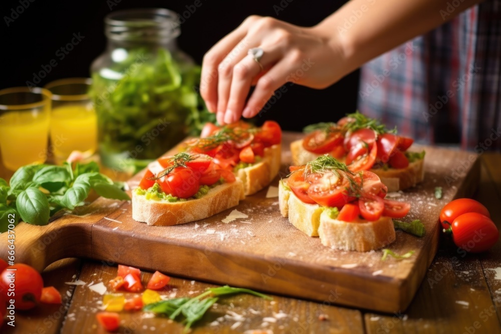 Sticker hands bruschetta on a wooden board