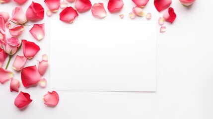 pink rose petals border with note card on white background. Valentine's day Floral frame composition. Template for product presentation display. copy text space.