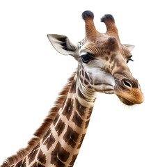 A giraffe's head looking directly into the camera on a white background.