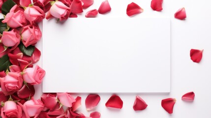 pink rose petals border with note card on white background. Valentine's day Floral frame composition. Template for product presentation display. copy text space.