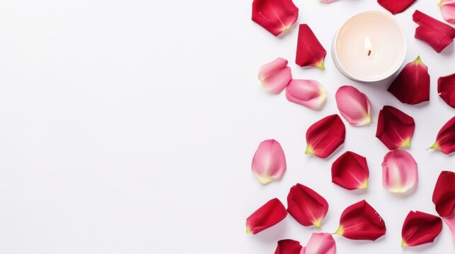 pink red rose petals border on white background. Valentine's day Floral frame composition. Template for product presentation display. copy text space.