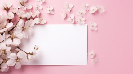 Fototapeta na wymiar Minimal greeting card with flowers on pink pastel background. love letter blank paper mockup. copy text space. advertisement, banner, card. for template, presentation. 